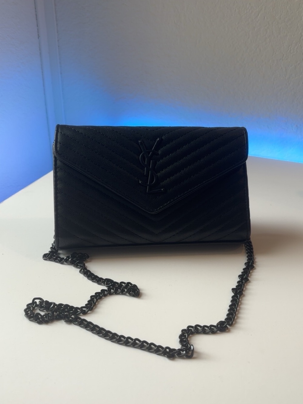 Saint Laurent Black Quilted Leather Chain Crossbody Wallet